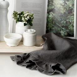 Magic Linen Ruffle Linen Tea Towel Charcoal Grey Kitchen