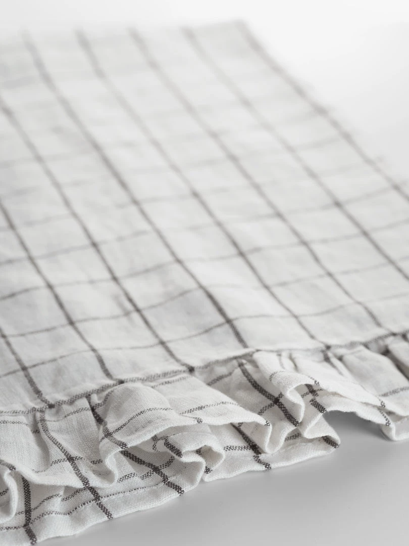 Magic Linen Ruffle Linen Tea Towel Charcoal Grid Kitchen