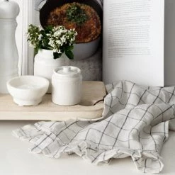 Magic Linen Ruffle Linen Tea Towel Charcoal Grid Kitchen
