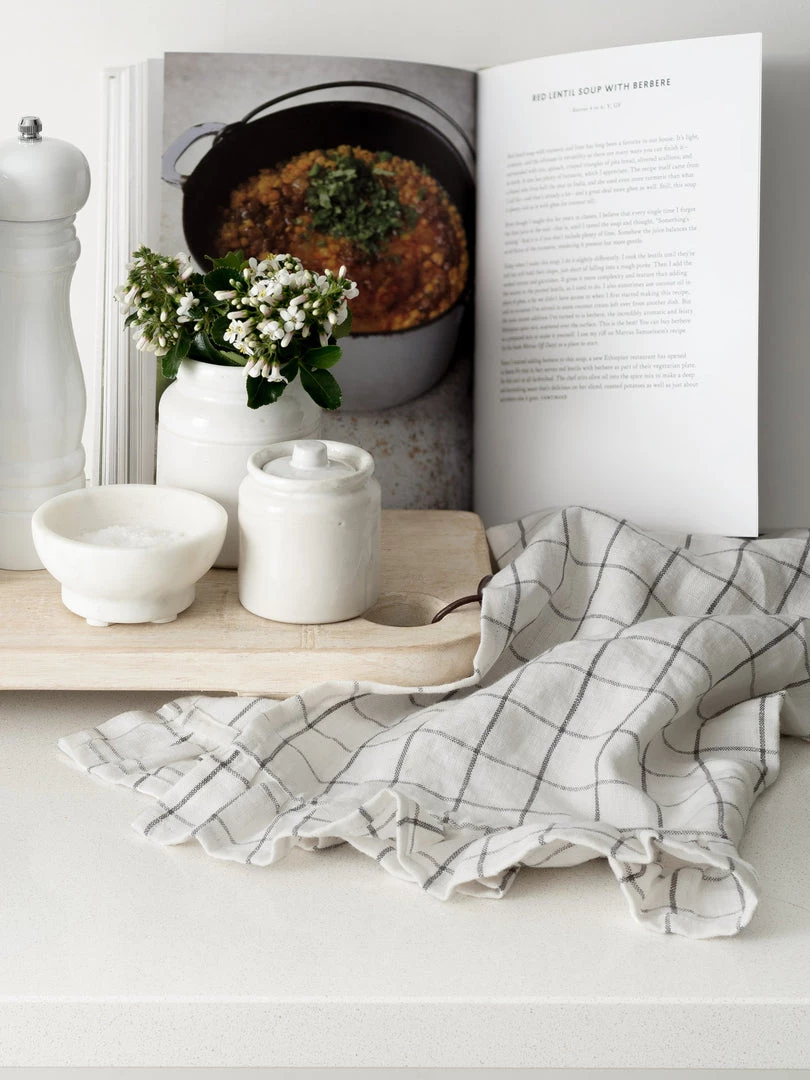 Magic Linen Ruffle Linen Tea Towel Charcoal Grid Kitchen