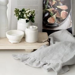 Magic Linen Ruffle Linen Tea Towel Dove Grey Kitchen