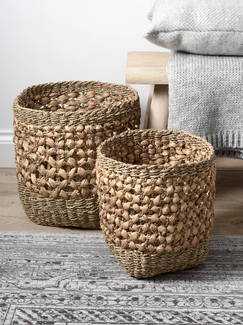 Pacific Drop Ship Storage Woven Natural Seagrass And Water Hyacinth Baskets Set Of 3